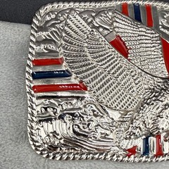 Vintage Buckle Silver Tone Eagle Hawk Enamel Patriotic
