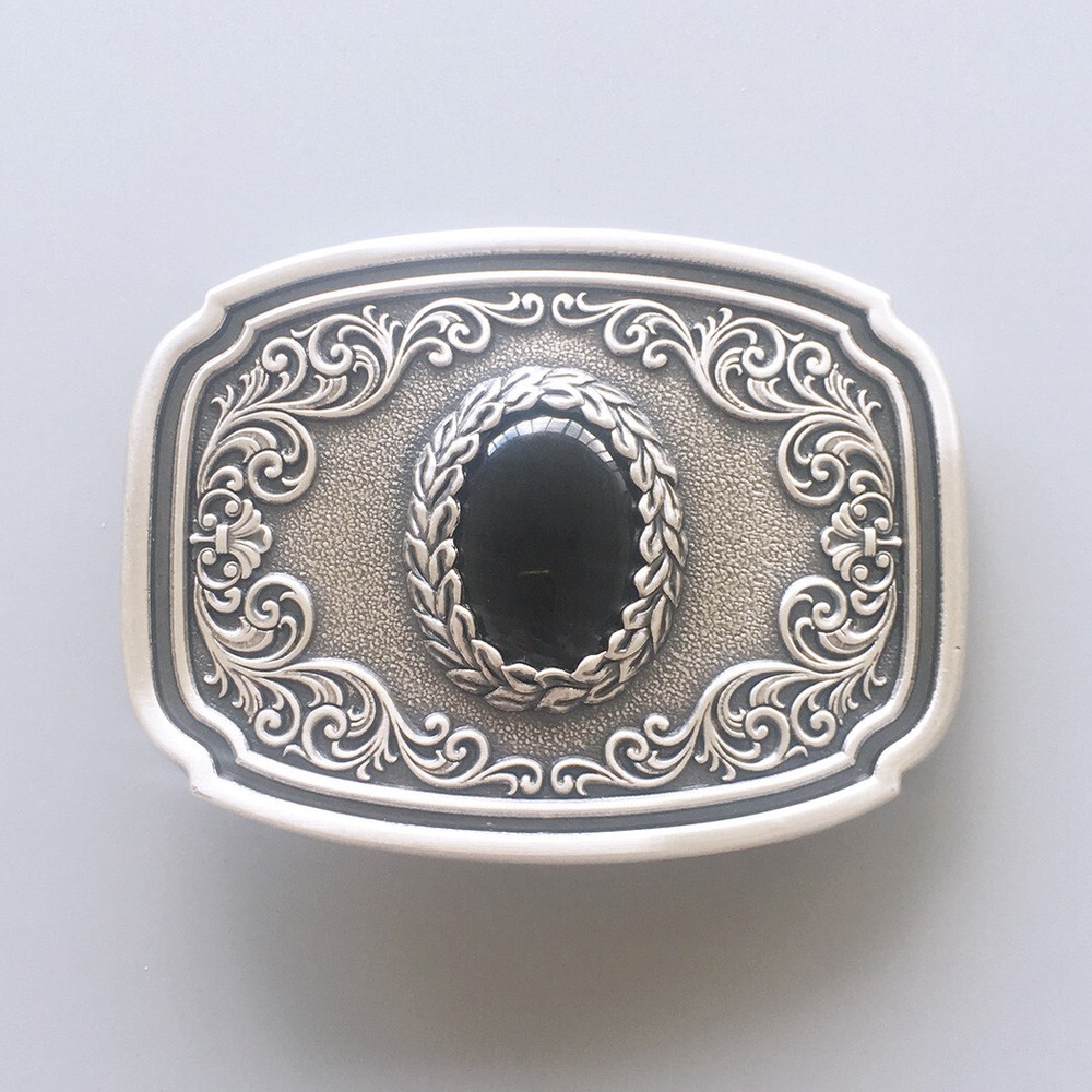 Vintage Silver Plated Nature Black Obsidian Stone Belt Buckle Boucle de Ceinture