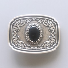 Vintage Silver Plated Nature Black Obsidian Stone Belt Buckle Boucle de Ceinture