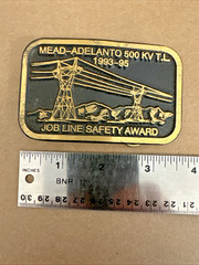 Vtg Solid Brass Belt Buckle Mead-Adelanto 500 KV T.L. Job Line Construction Dyna
