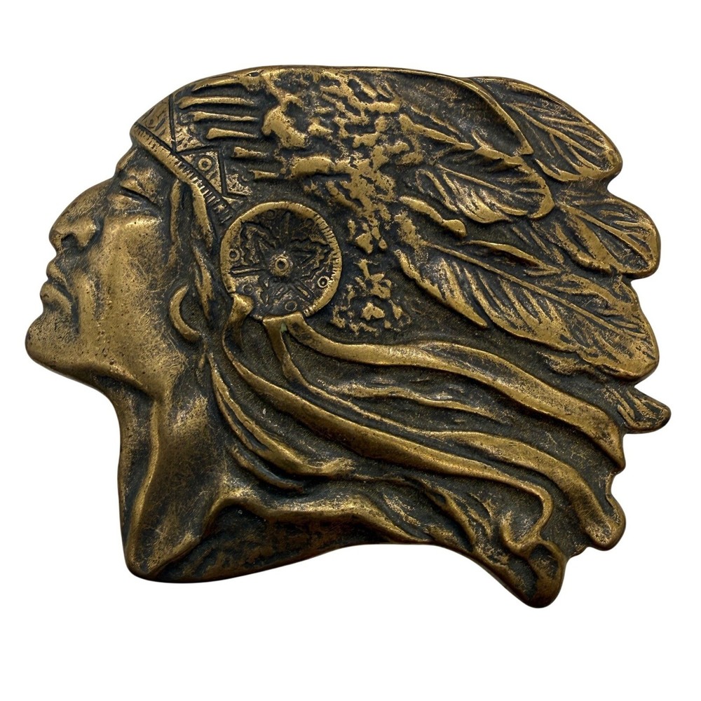Vintage Native American Chief Heavy Belt Buckle Solid Brass Western Headdress