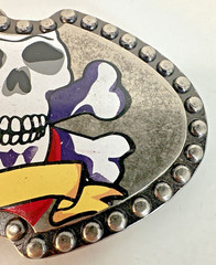 Skull & Crossbones Metal Belt Buckle 4” Studded Edge, Bandanna, And Banner