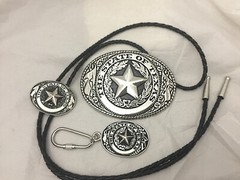 3 piece set Texas Seal Set: Belt Buckle, Bolo and Key Ring (Silver)