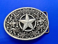 Centered Lone Star Fleur De Lis Design Swirl Silver & Balck Color Belt Buckle