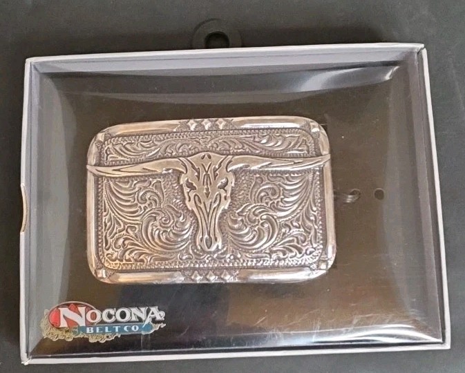 Nocona Western Belt Buckle Longhorn Steer Head Skull Silver Tone Cowboy Bullride