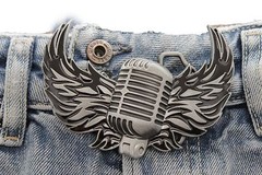 Men Women Silver Buckle Western Hip Hop Radio Music Microphone Fire Wings Rocker