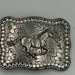 Western Horse Belt Buckle Silver Tone Floral Engraved Rhinestone Border Rodeo