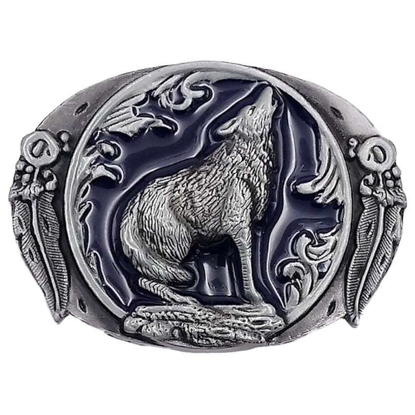 Mens Wolf Howling Metal Belt Buckle Western Indian Design Eagle Feathers