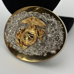 USMC Marine Corps Eagle Globe and Anchor Two Tone Gold Silver Belt Buckle EGA