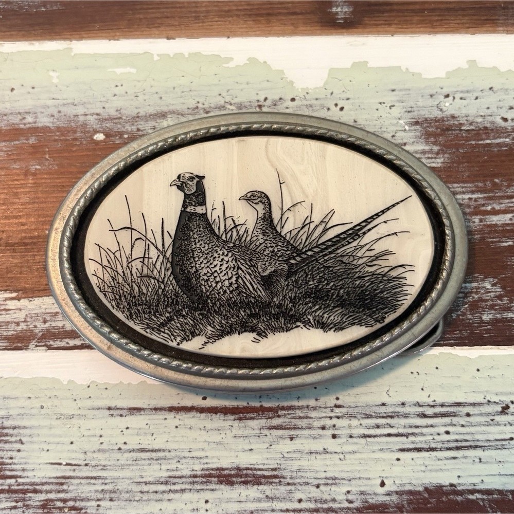 The Beaver Buckle Co. Oval Hunting Bird Pheasants Western Belt Buckle