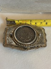 Genuine 1921 Morgan Silver Dollar Western Silver & Gold Tone Belt Buckle USA