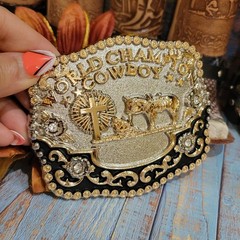 Praying Cowboy Champion Belt Buckle Western Hebilla Rodeo Silver & Rosetone