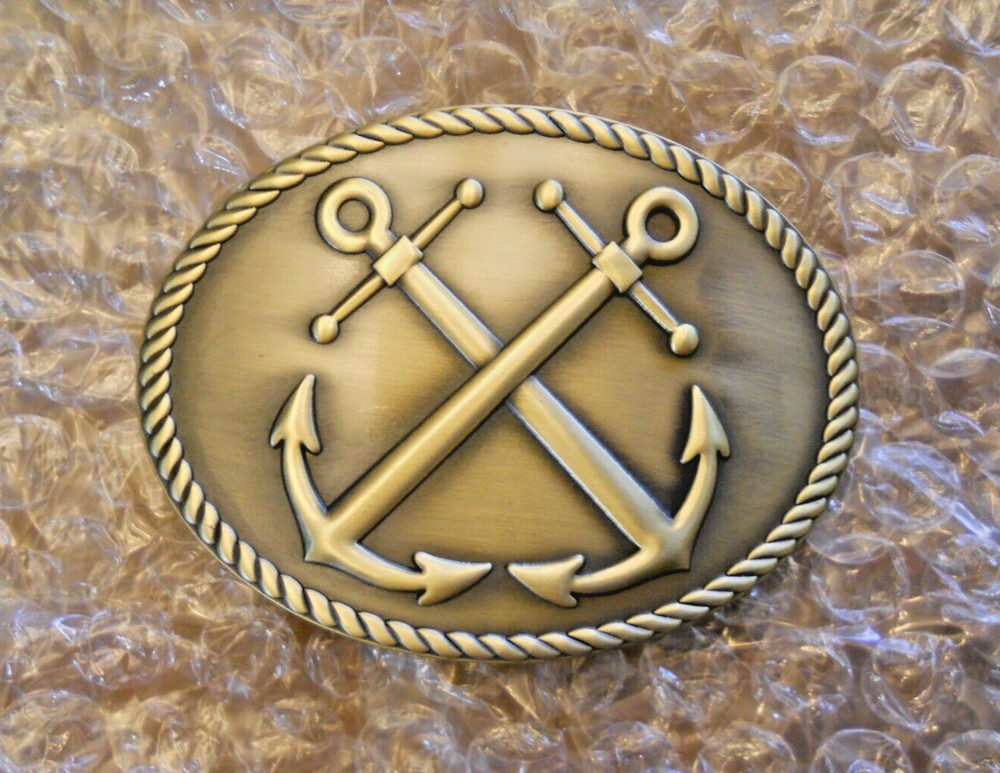 CROSSED ANCHOR BELT BUCKLE, 3&Prime; BRASS FINISH (NEW IN PACKAGE)