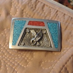 Vintage Men&rsquo;s Western Eagle Belt Buckle Silver Turquoise Coral Inlay
