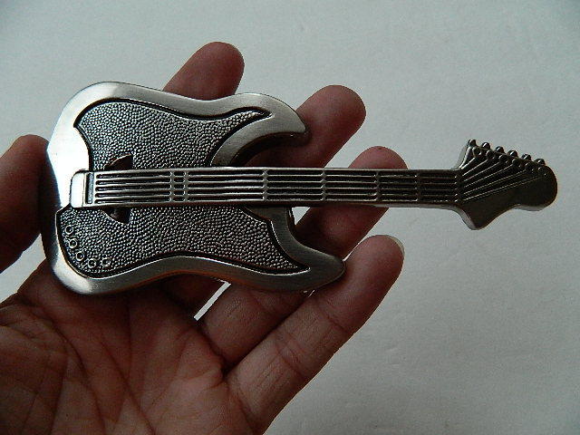 ELECTRIC GUITAR BELT BUCKLE, ZINC ALLOY, SILVER COLOR, 5.5&Prime;, 3D SCULPTED DESIGN