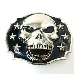 Metal & Enamel 4&Prime; Skull Skeleton Belt Buckle Black & Silvertone W/ Stars