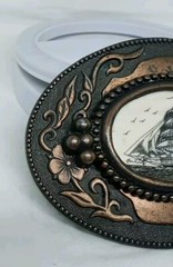 Vtg. 1970s Sailing Ship Belt Buckle W Birds. Brass Plated Metal. Ornate Edges.