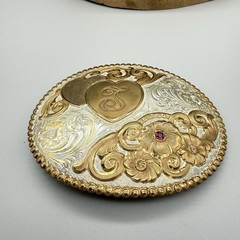 Crumrine Western Belt Buckle Cursive T Ruby Stone Silverplate Over Bronze Buckle