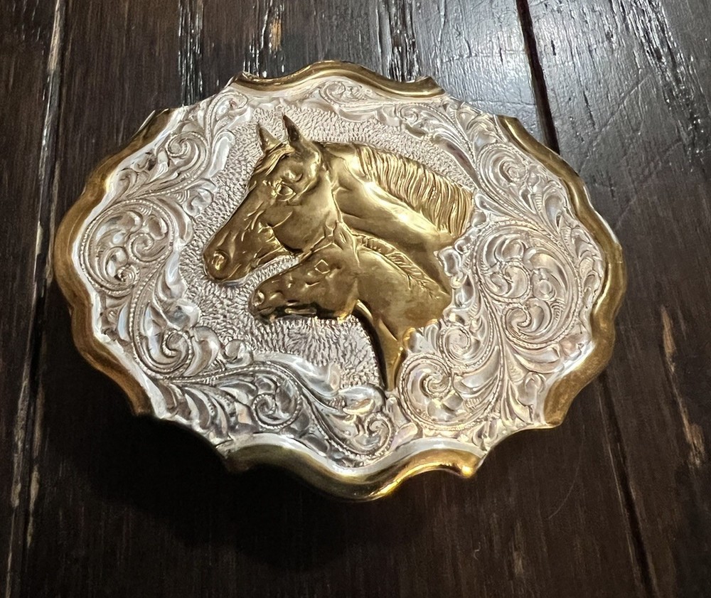 VTG Western Belt Buckle Crumrine Oval Silver & Gold, Horse & Foal Design Bronze