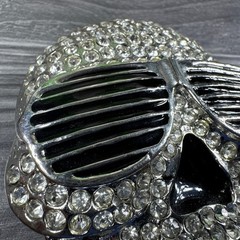 Skull Belt Buckle Wearing Sunglasses Silver Finish Clear Stone