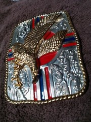 NWOT LG RED BLUE STRIPE GOLD EAGLE ROPE TRIM SILVER 3D BELT BUCKLE 1 1/2&Prime; $65