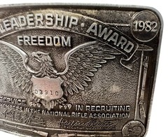 1980s NRA LEADERSHIP AWARD FOR SERVICE IN RECRUITING SILVER METAL BELT BUCKLE