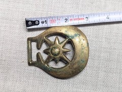 vintage BRASS belt buckle CRECENT moon horse WESTERN antique military BRUTALIST