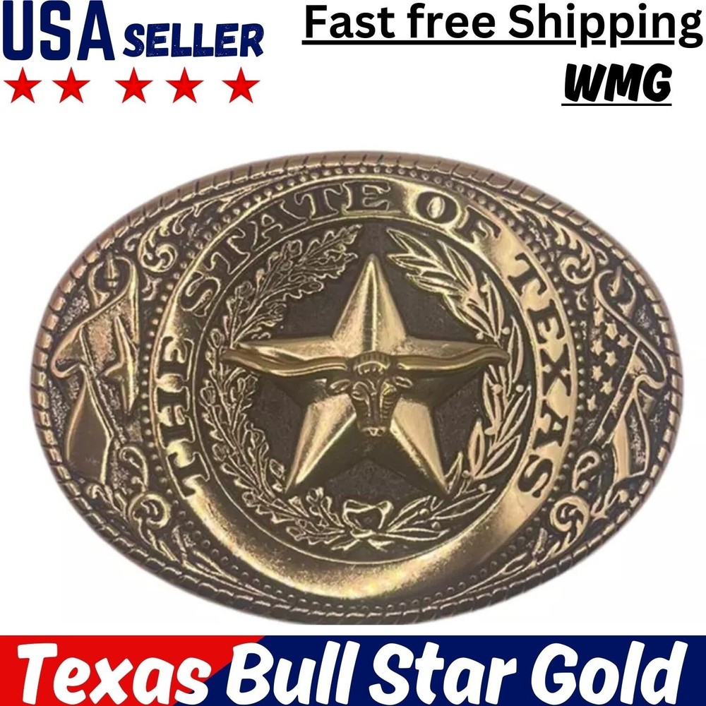 The State Texas Bull Star Gold Tone Belt Buckle Cowboy Rodeo Hebillas Vaqueras