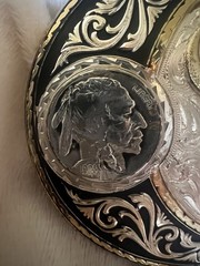 Montana Silversmiths Two-Tone Buffalo Nickel Belt Buckle Steer Head Skull Rodeo