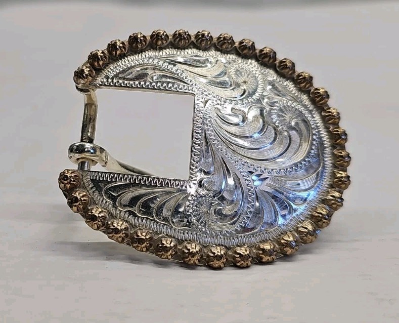 DALE CHAVEZ DESIGN BY VTG BELT BUCKLE SILVER W/COPPER EDGE 2.75&Prime; X 2.25&Prime; SIGNED