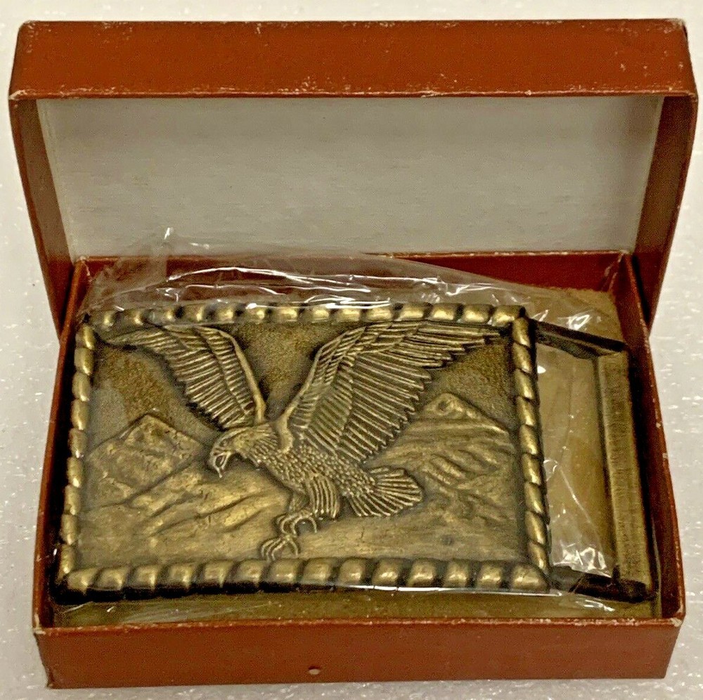 NEW! BRASS BELT BUCKLE SOARING BALD EAGLE RECTANGULAR 3×2 National Bird NOS