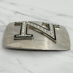 Rhinestone Studded N Letter Initial Monogram Silver Tone Belt Buckle