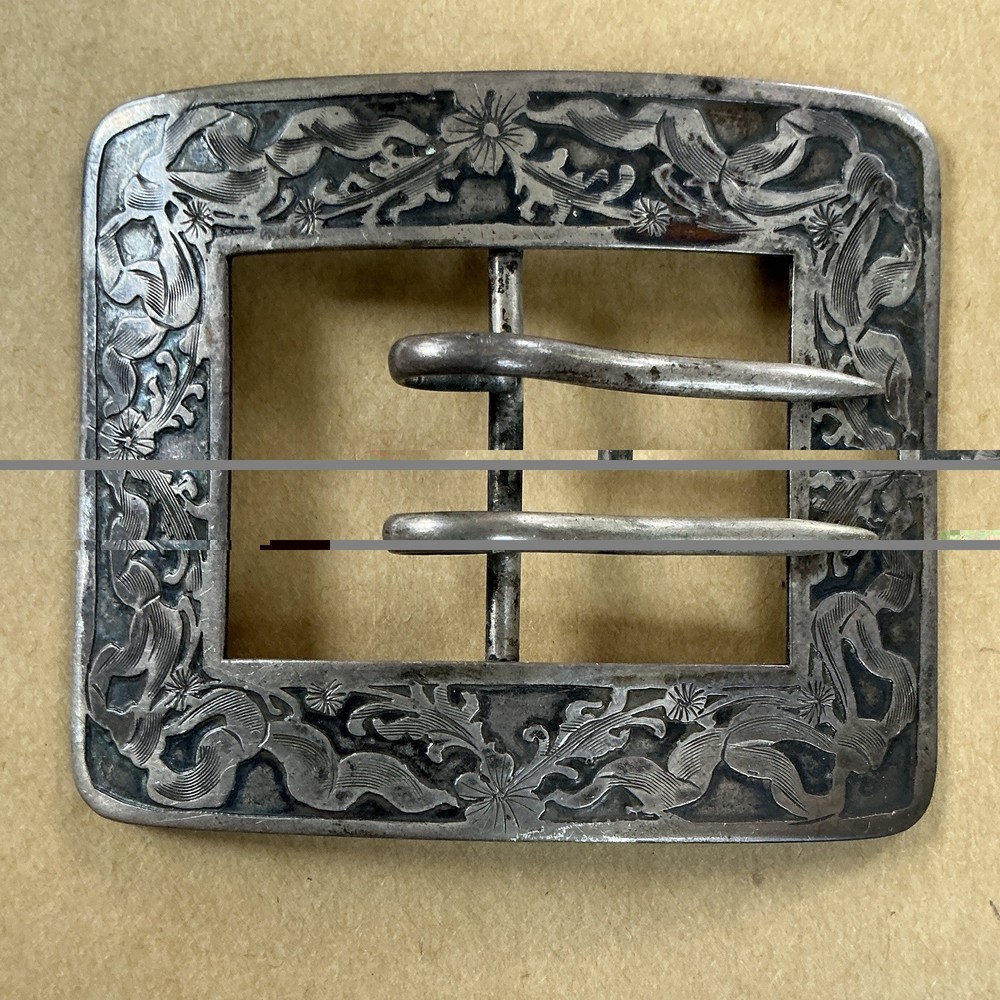 Vintage Sterling silver Engraved Floral Frame Belt Buckle Double Prong