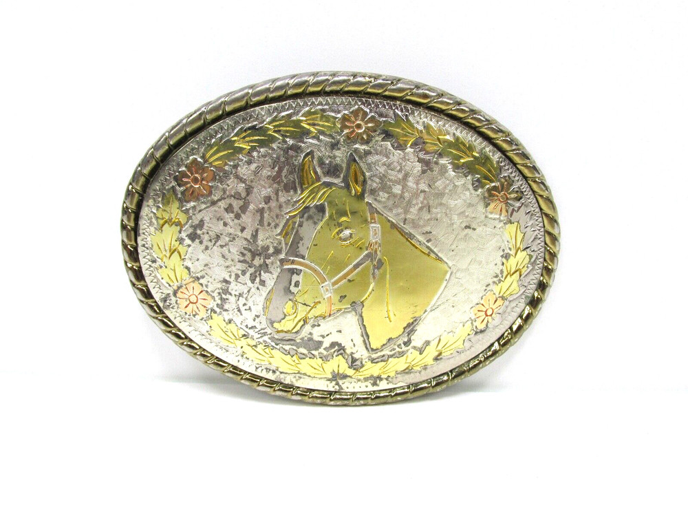 VTG Horse Head Colorful Flower Belt Buckle Made in USA Cowboy Western Rancher
