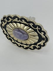 Belt Buckle Lavender Jade Cabochon oval gold tone black enamel background