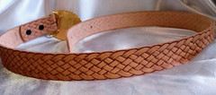 Tooled leather belt with western gold toned buckle w/tiger eye embellishment