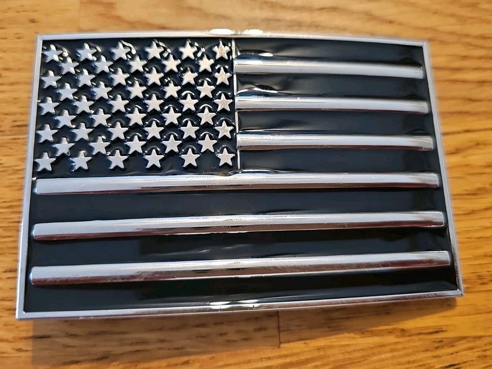 American Flag Metal Belt Buckle US Seller Black Silver Tone Biker Patriotic