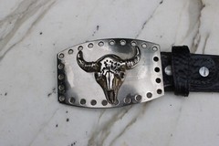 Silver Toned Metal Bull Steer Cow Head Face Belt Buckle & Leather Belt