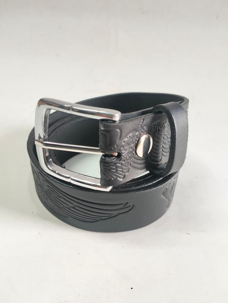 Black Leather Western Belt With Embossed Eagle Textured Pattern