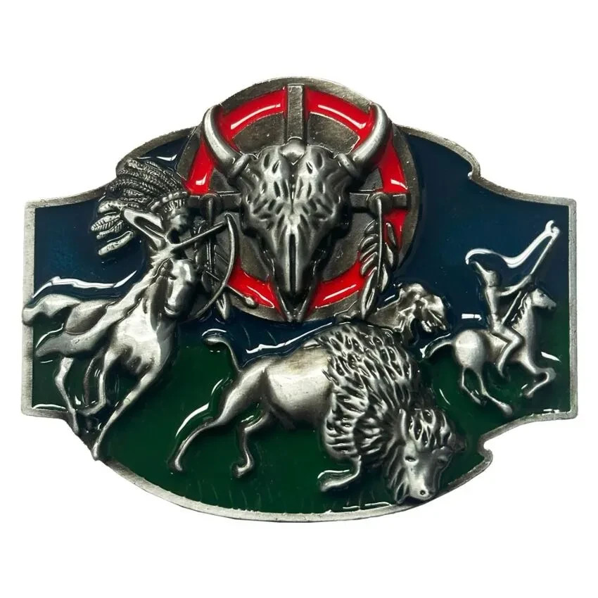 Indian American Warriors Hunting Bison Scene Western Belt Buckle