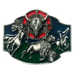 Indian American Warriors Hunting Bison Scene Western Belt Buckle