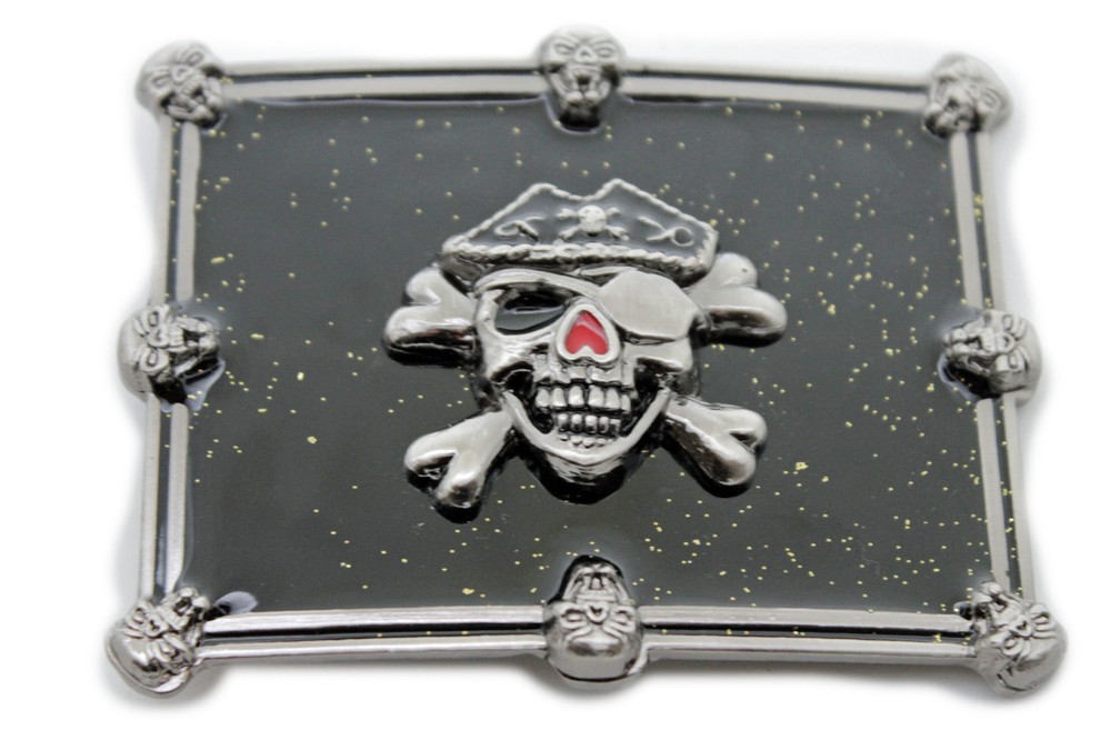 Men Women Buckle Silver Skulls Skeleton Halloween Black Pirate Deat Big Gothic