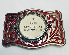 Rectangle Belt Buckle For USA Silver Dollar Coin Screw Back Silver Tone & Red