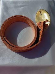 Tooled leather belt with western gold toned buckle w/tiger eye embellishment