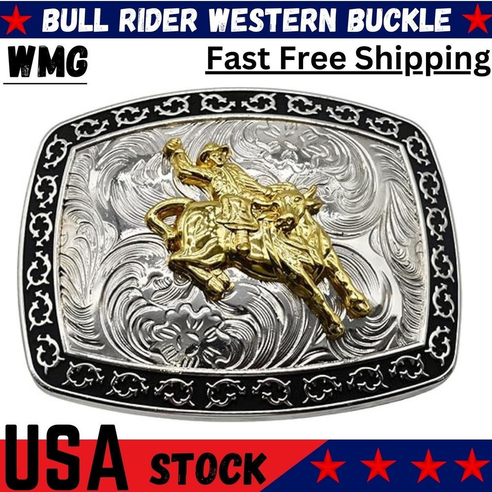 Bull Rider Western Rodeo Silver Black Shine Design Fashion Cowboy Belt Buckle