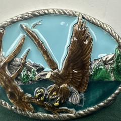 Vintage Eagle Landing On Branch Painted Metal Belt Buckle Silver Tone Nature