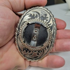 Vintage Silver Dollar Coin Gem Stone Holder Prong Belt Buckle Black Inlay Oval