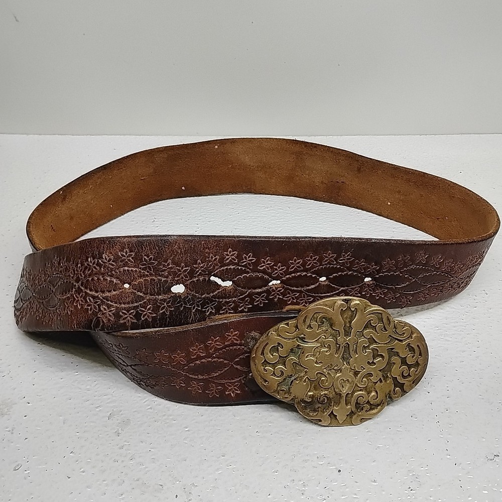Vtg Mens Ornate Filigree Brass Belt Buckle w 36&Prime; Hand Tooled Brown Leather Belt