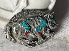 Vintage EJC Belt Buckle 4.25 x 2.75 in Wolf Southwestern Turq 1996 Oval 1.75