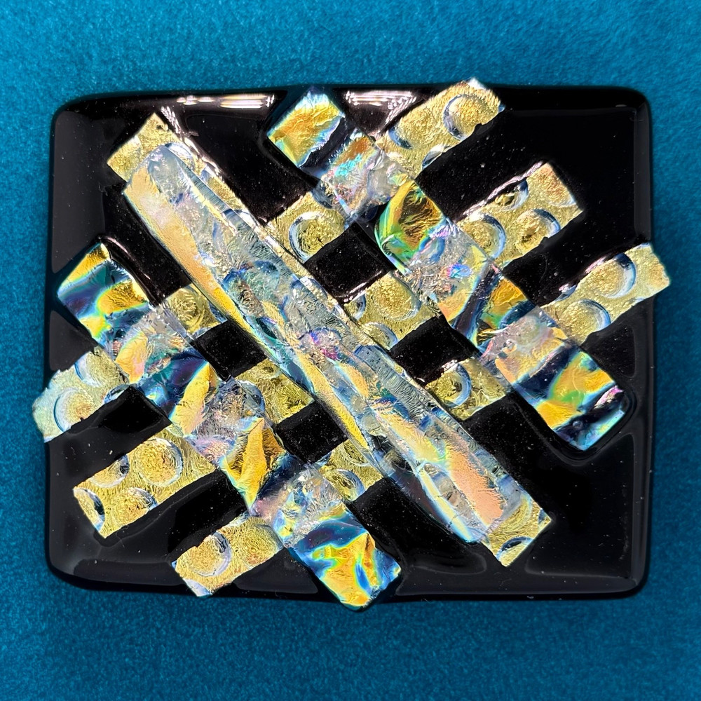 Dichroic Fused Glass Belt Buckle Handmade Black Iridescent 3” x 2.5”